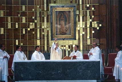 Elevation of the Body and Blood of Jesus Christ in front of the tilma of Our  Lady of Guadalupe.